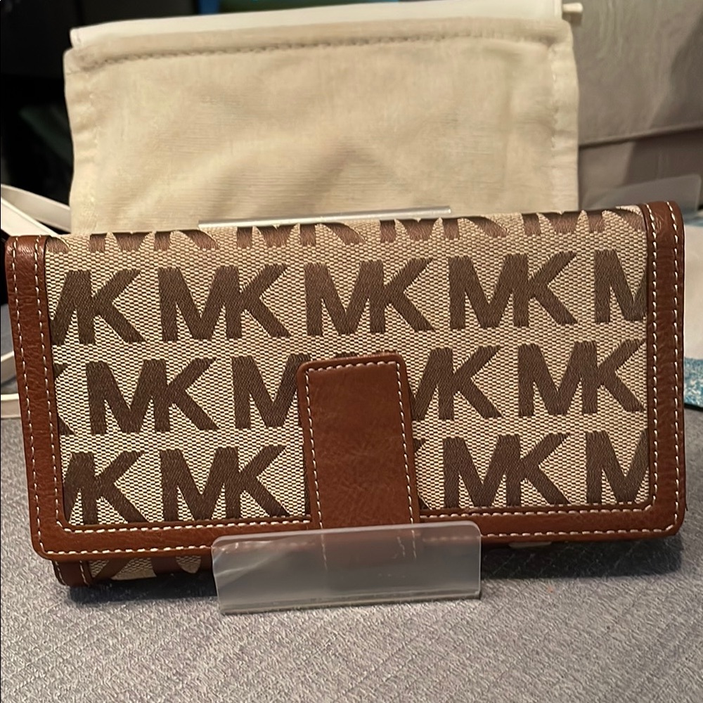 Michael Kors Tan and Brown MK Pattern Clutch
